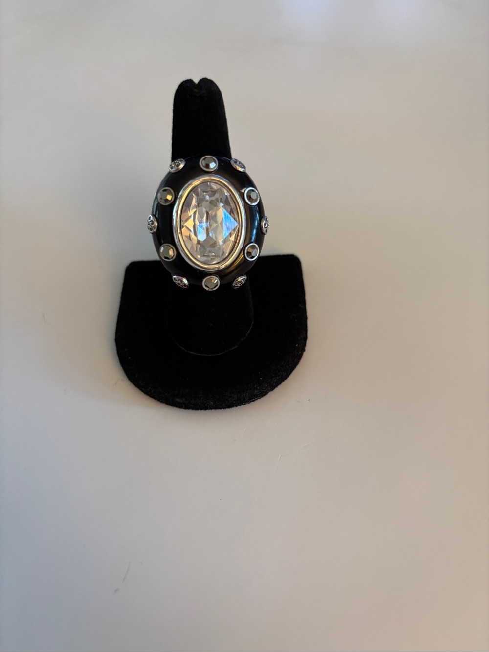 Brighton Black Enamel Ring with Clear Oval Crystal Size 8.
